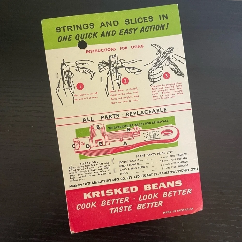 LAST CHANCE Vintage Bean Stringer & Slicer Kitchen Tool Utensil Original Package